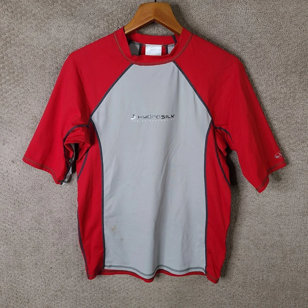 NRS Shirt Mens XL Red Gray Rash Guard Short Sleeve HydroSilk UV Protection Water
